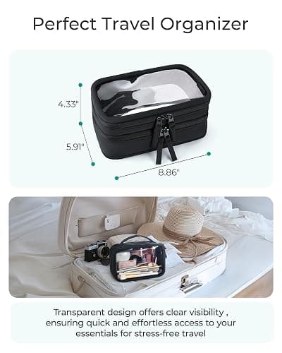 BAGSMART Double Layer Clear Makeup Bag, TSA-Approved Toiletry Bag, Large Opening with Handle, Cute Water-Resistant Travel Cosmetic Bag with Double Zipper for Car Essentials(Black) thumbnail 5