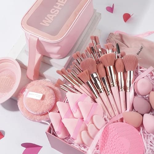 MAANGE Makeup Brush Set 49 Pcs Makeup Tool Set Premium Synthetic Foundation Powder Concealers Eye shadows Blush Makeup Brushes (Pink, 49 Piece Set) thumbnail 2
