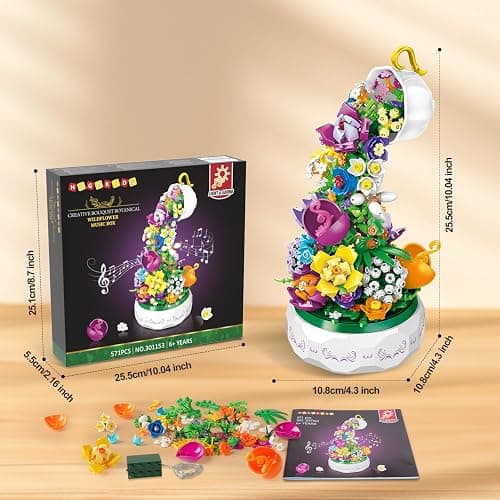 HOGOKIDS Flowers Music Box Building Set with Light for Adults Girls 6-12+ | Flower Botanicals Rotating Music Box Blocks Toy for Home Office Decor, DIY Craft Kits Birthday Gifts for Women Mom Kids thumbnail 3
