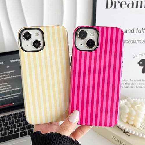 CHEDEMK Compatible with iPhone 13/14 Case, Cute Fashion Aesthetic Striped Pattern Cover for Women, Shockproof Soft TPU and Hard PC Protective Phone Case for iPhone 13/14 6.1"- White thumbnail 5