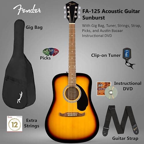 Fender FA-125 Acoustic Guitar - Sunburst Bundle with Gig Bag, Tuner, Strings, Strap, Picks, and Austin Bazaar Instructional DVD thumbnail 2