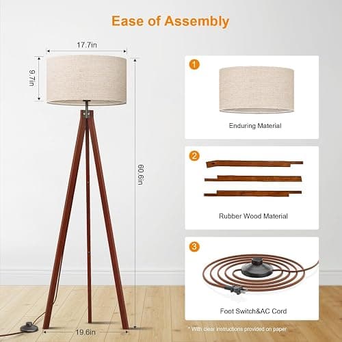 LEPOWER Wood Tripod Floor Lamp, Mid Century Standing Lamp, Modern Design Studying Light for Living Room, Bedroom, Study Room and Office, Flaxen Linen Shade with E26 Base Brown thumbnail 3