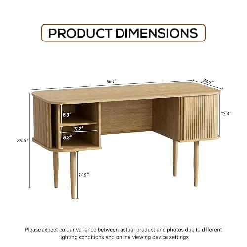 Furniway 55" Modern Writing Desk, Wood Home Office Desk, Natural | Sliding Door Storage, Computer Desk for Study, Bedroom, Living Room & Dorm thumbnail 2