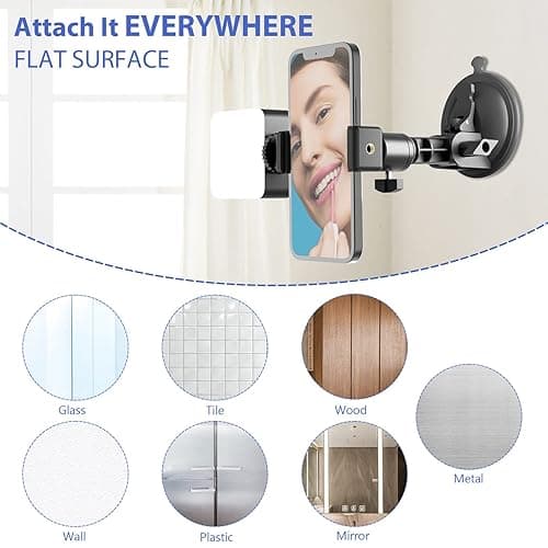 LenTok Suction Cup Mirror Phone Holder with Light, Travel Wall Phone Camera Mount for Makeup Content Creator Essentials, Mirror Tripod for Bathroom Kitchen Compatile with All Smooth Surface - Black thumbnail 2