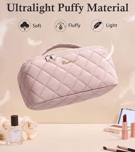 Travel Makeup Bag, 3 Pcs Large Capacity Puffy Toiletry Bag for Women, Open Flat Quilted Make up Cosmetic Organizer w/Handle & Clear Divider Water-resistant Portable Pouch Travel Essentials, L-Black thumbnail 7