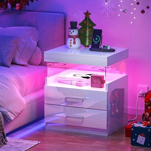 WelFurGeer High Glossy Night Stand, White LED Night Stand with Charger Station, Bedside Table with Drawers, Modern Nightstands, Wood Small Nightstand, Nightstands with Drawers for Bedroom thumbnail 2