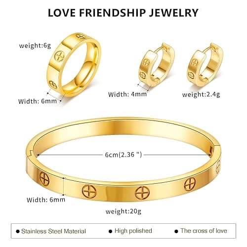 3 Pcs Hoop Earrings Bracelets Ring Sets for Women-18K Gold Plated Love Bracelet Cubic Zirconia Cuff Bangle Hoop Earrings Friendship Love Ring Jewelry Set,Wedding Party Christmas Valentine's Day Birthday Gifts for Her Girlfriend Sister Daughter thumbnail 2
