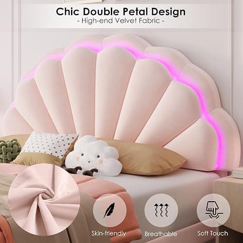 HIFIT Full Size Upholstered Smart LED Bed Frame with 2 Storage Drawers and Adjustable Chic Double Petal Headboard, Princess Platform Bed for Girls, Solid Wood Slats Support/No Box Spring Needed, Pink thumbnail 6