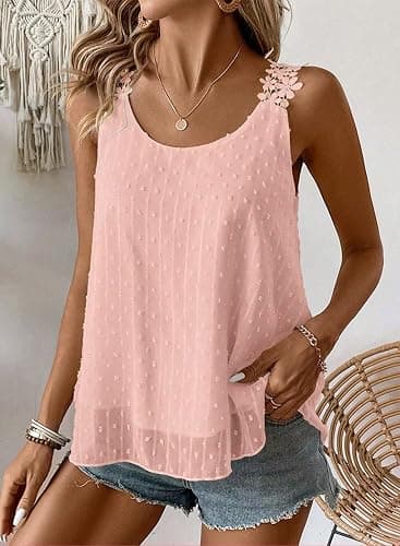 Womens Tank Tops Flowy Sleeveless Summer Boho Tank Top for Women Casual Crewneck Strap Lace Camisole Shirts thumbnail 6