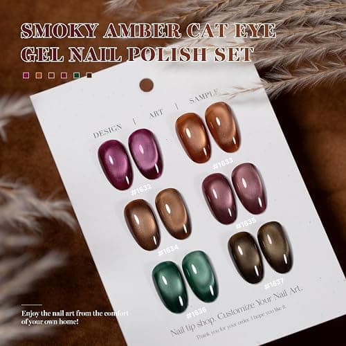 RARJSM Cat Eye Gel Nail Polish Set 6Pcs Dark Amber Ceramics Glitter Plum Purple Orange Brown Burgundy Red Deep Olive Green Jelly Glassy Cateye Gel Polish with Magnetic Stick Curing Require Home Salon thumbnail 5