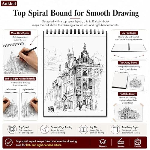 Ankkol Sketch Book 9x12, Top Spiral Bound Sketchbook,100 Sheets_68lb/100gsm | Art Sketch Pad for Kids, Adults, Beginners, Artists, Acid-Free Sketch Paper, Thick Drawing Paper, Hardcover, Perforated Pages thumbnail 4