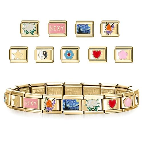 SWEETV Stainless Steel 18 Link Polish Italian Charm Bracelet with 1Pcs Starter Brascelet, 9Pcs/20Pcs Charms and Opening Tools, Classic 9mm Modular Charm, Personalized Jewelry Gift thumbnail 2