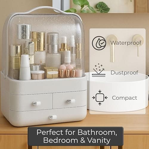 Neo Acrylic Makeup Organiser with Lid & Drawers Portable Dustproof Cosmetic Storage Box for Vanity, Bathroom Bedroom Countertop Skincare & Beauty Organiser (White) thumbnail 5