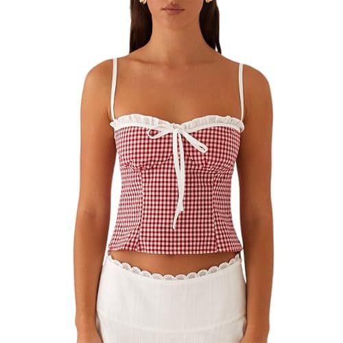 Womens Sexy Lace Trim Camisole Tank Tops Y2k Slim Fit Corset Going Out Streetwear Ruffle Spaghetti Strap Club Tops - Image 1