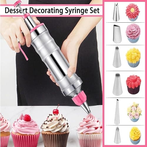 Hendiy Dessert Decorating Syringe Set, Frosting Piping Kit Stainless Steels Cake Decorating Kit with 6 Piping Tips & 9 silicone cupcakes, Cupcake Decorating Kit Piping Bags and Tips Set thumbnail 7
