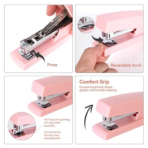 Pink Desk Accessories, Pink Office Supplies Set with Stapler, Tape Dispenser, Staple Remover, Pen Holder, Scissor, Binder/Paper Clips, Ballpoint Pen, Clear Tape and 1000pcs Staples thumbnail 6