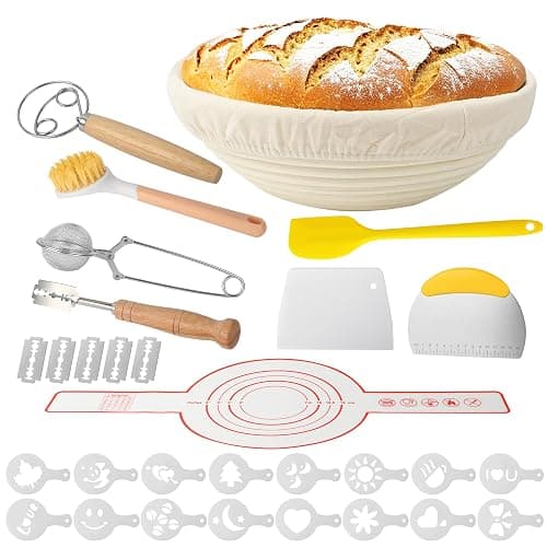 10-teilig Gärkorb Brot Set, 23cm Gärkörbchen zum Brotbacken, Sauerteig Starter Set, Einschließlich Teigschaber und Ölpinsel, Brotbackset Brot backen Gärkorb für Anfänger - Image 1