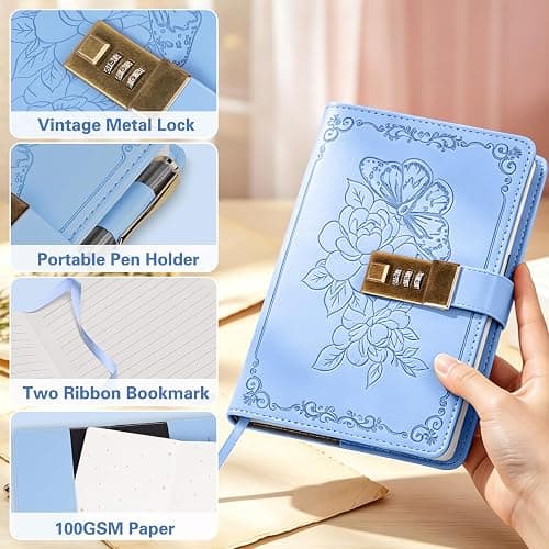 Diary with Lock, PU Leather Journal for Gifts, 224 Pages, B6 | Lock Diary for Women Girls, Personal Organizers with Lockable Password, Pen Holder&Bookmark, Refillable thumbnail 4