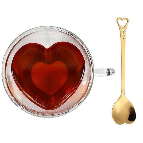 Heart Shaped Cup - Double Walled Insulated Glass Coffee Mug or Tea Cup - Double Wall Glass 10oz (300ml) - Clear - Unique & Insulated with Handle - With Teaspoon - Image 1