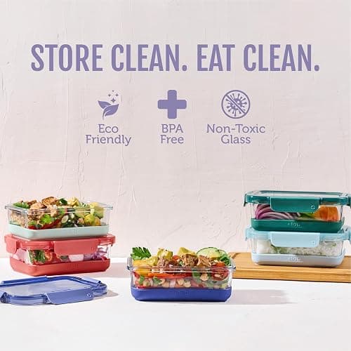Ello Duraglass Refresh 3.4 Cup Meal Prep Sets 10Pc, 5 Pack Set- Glass Food Storage Container with Silicone Boot and Airtight BPA-Free Plastic Lids, Dishwasher, Microwave and Freezer Safe,Everest thumbnail 3