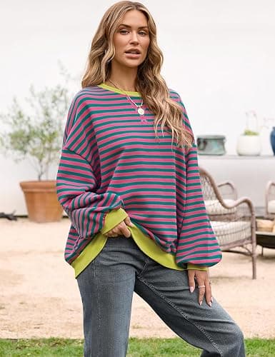 UEU Women Oversized Striped Crewneck Sweatshirt Long Sleeve Color Block Pullover Tops Casual Loose Workout Shirt thumbnail 4