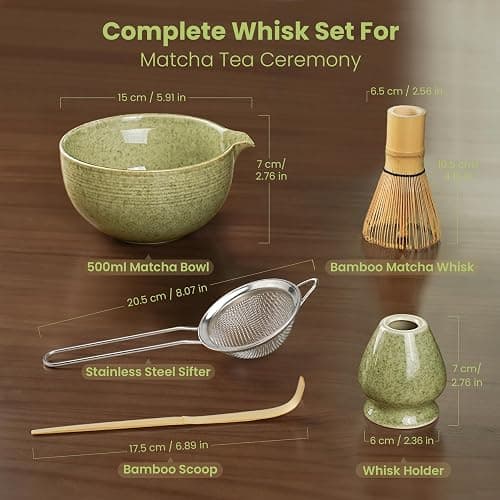 Matcha Whisk Set, Handcrafted Bamboo Chasen & Ceramic Bowl Matcha Kit, Complete 5 Pcs Matcha Set Whisk and Bowl W/Stainless Steel Sifter, Bamboo Scoop & Holder for Matcha Tea Ceremony (Mottled Green) thumbnail 3