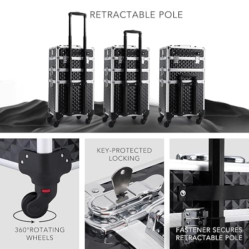 FRENESSA 3 in 1 Rolling Makeup Train Case Professional Cosmetic Trolley Large Storage with Keys Swivel Wheels Salon Barber Case Traveling Cart Trunk for Make Up Hairstylists Nail Tech, Vintage Black thumbnail 7