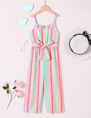 Crazyme Girls Jumpsuit Striped Sleeveless Girl Casual Rompers Suspender Wide Leg Pants with Belt Jumpsuit for Girls 4-13Y thumbnail 2