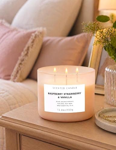 Raspberry Strawberry Vanilla 3-Wick Scented Soy Candle 15.8 oz | Large Sweet Berry Vanilla Scented Candle for Home | Relaxing Aromatherapy Candle | Strong Throw & Long Lasting thumbnail 7