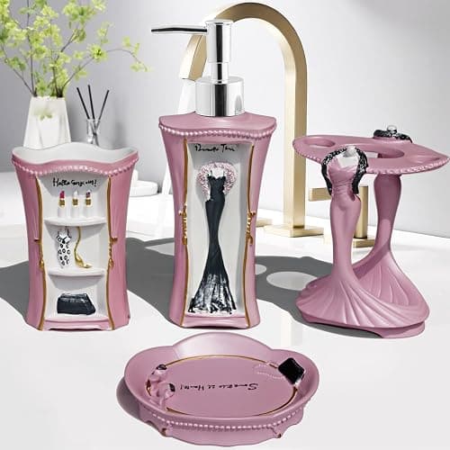 LUANT 6 PCS Bathroom Accessories Including Soap Dispenser, Soap Dish, Tumbler, Teethbrush Holder, Trash Can and Toilet Brush, Decoration for Girl's Bathroom, Countertop Oragnizer, Pink thumbnail 2