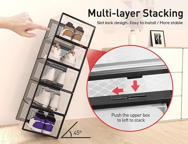 Kuject X-Large Shoe Storage Boxes Organizers Clear Plastic Stackable 12 Pack, Shoe Rack & Holder Substitute, Sneaker Containers, Toy Storage Organizer Bins for Entryway, Closet, Under Bed, Black thumbnail 5