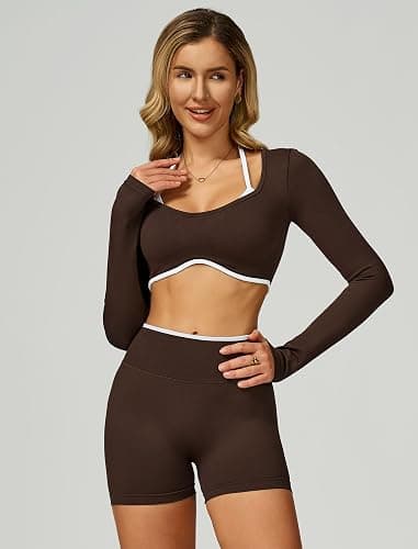 QBGJTD Womens Workout Sets Two Piece Seamless Color Block Long Sleeve Top High Waist Shorts Fall Winter Gym Work Out Clothes thumbnail 2