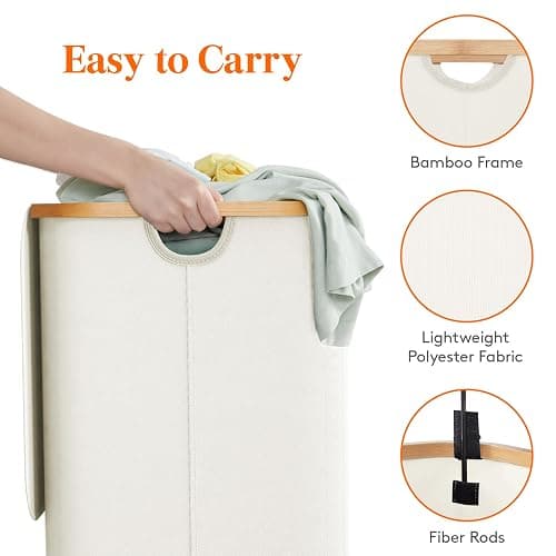 Lifewit 150L Laundry Basket with Lid, Clothes Hampers for Laundry with Bamboo Handles and 2 Removable Bag, Large Foldable Laundry Hamper for Bedroom, Bathroom, Dorm, Laundry Room, Off White thumbnail 6