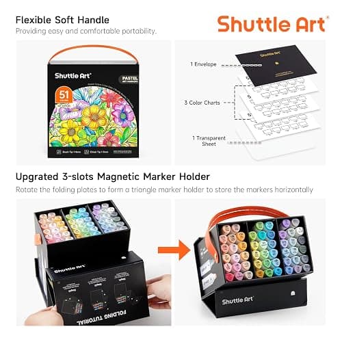 Shuttle Art Pastel Alcohol Markers Brush tip, Dual Tip Brush & Chisel Tip Art Marker Set, 50 Colors plus 1 Blender Marker Pens with Case Perfect for Illustration Students Adults Coloring Sketching thumbnail 4