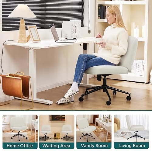 OLIXIS Criss Cross Chair with Wheels Wide Cross Legged Office Desk Vanity Chair Comfy Fabric Armless Adjustable Swivel for Home Computer Task Fabric Beige thumbnail 6