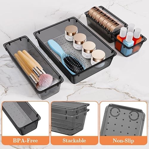 SpaceHacks 25 PCS Plastic Drawer Organizer Set, 4-Size Versatile Organizer Trays & storage Bins for Makeup, Jewelry, and Gadgets in Bathroom, Bedroom and Office,Clear Black thumbnail 4