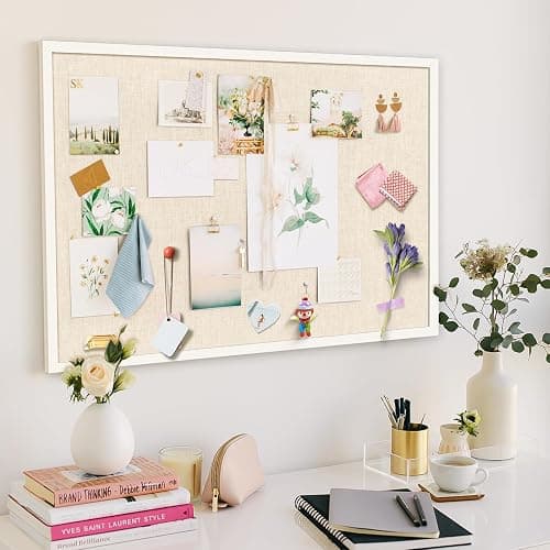 Cork Board with Linen 36x24 inch Bulletin Board Office Decor Hanging Pin Wood Framed Display Picture Vision Board Light for Wall School Office Bedroom (White, 36“×24“) thumbnail 8