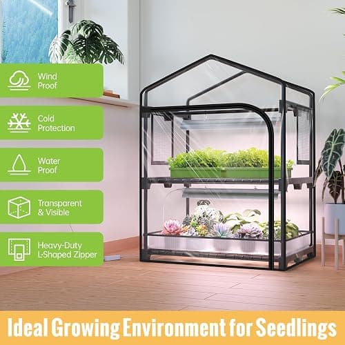 SpeePlant Mini Indoor Greenhouse with Grow Light, 2-Tier Plant Stand with PVC Tent, Ventilation Window, Bottom Pouch, 20W Full Spectrum Grow Light with Timer, for Seed Starting, 27" L x 19" W x 35" H thumbnail 4