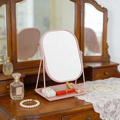 Tstarer Rotating Metal Makeup Mirror with Storage (Pink) | Vanity Mirror for Desk, Bathroom, Bedroom, Dressing Table thumbnail 4