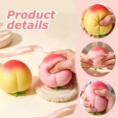 2 PCS Peach Squishys, Squeezy Squishy Peach Toys for Squeeze Luck | Squeezy peach squishy for pink & yellow, peach squeezy moderate size, squeeze peach for fruit squishy for relieve anxiety. thumbnail 3