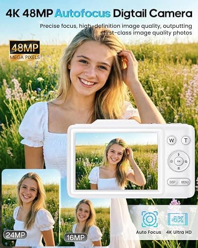 Digital Camera 4K Autofocus Vlogging Camera for Photography with 16X Zoom Anti Shake, 32GB Card, 48MP Compact Portable Point and Shoot Camera for Kids Boys Girls Teens Beginner（White） thumbnail 2