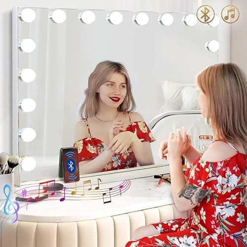 Hansong Vanity Mirror with Lights and Bluetooth Speaker 32"x 22.8" Hollywood Makeup Mirror with 18 LED Bulbs, Large Lighted Mirror with 3 Color Modes, USB Charging, 10x Magnification, Tempered Glass - Image 1
