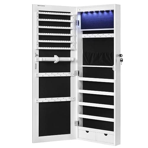 SONGMICS Hanging Jewelry Cabinet, Wall-Mounted Cabinet with LED Interior Lights, Door-Mounted Jewelry Organizer, Full-Length Mirror, Gift Idea, White UJJC99WT thumbnail 8