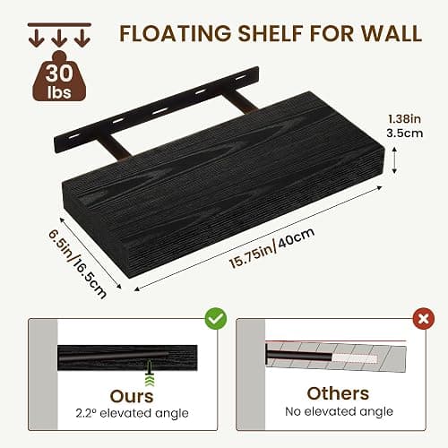 Natural Homi Floating Shelves for Wall,15.75in Wall Mounted Storage and Display for Living Room, Bedroom, Kitchen, Bathroom Set of 2 Black thumbnail 3