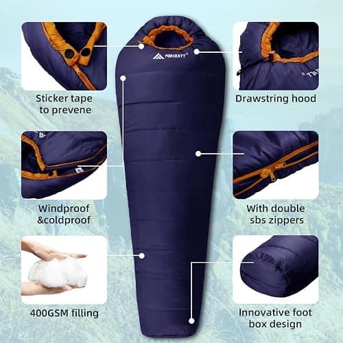 Forceatt Sac de Couchage Momie,0℃-20℃,Sac de Couchage Adulte pour 3-4 Saison,Imperméable et Indéchirable,Sac de Couchage Compact pèse 1.62-2Kg,Convient pour la Randonnée et Activités D’extérieur thumbnail 4