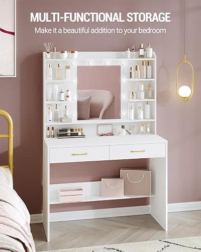 Hzuaneri Vanity Desk with Mirror and Led Light, Adjustable Brightness, Dressing Table with Shelves and 2 Drawers, for Bedroom, 40 x 100 x 149 Cm, White DT38703XCA thumbnail 4