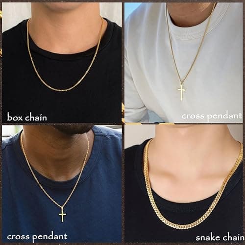 CLASICOMIS 7 Pcs Mens Stainless Steel 18K Gold Plated Chain Necklace Jewelry Set for Men, 6 Chains and 1 Cross Pendant thumbnail 3