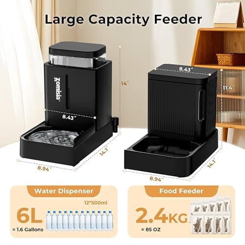 ZOMISIA Gravity Cat Feeder and Water Dispenser, 2 in 1 Automatic Cat Feeder with 180 Degree Rotatable, 2 Pack Large Capacity Self Feeding for Small Medium Dog Puppy Kitten, Black, 1.6GALx2 thumbnail 2