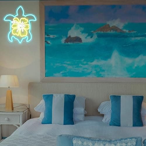 Sea Turtle Hibiscus Neon Signs for Wall Decor Blue Turtle Neon Light Yellow Flower LED Neon Wall Sign Ocean Neon Light Up Sign for Bedroom Living Room Office Decor Sea Turtle Gifts - Blue Yellow White thumbnail 5