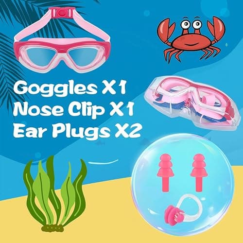 SIMAKARA Swimming Goggles Kids 6-14, Boys and Girls Swimming Goggles Age from 3 to 15 Years Old, Wide Vision, Anti-Fog, Waterproof, No Leaking, UV Protection-with FREE Case,Nose Clip Ear Plugs - pink thumbnail 5